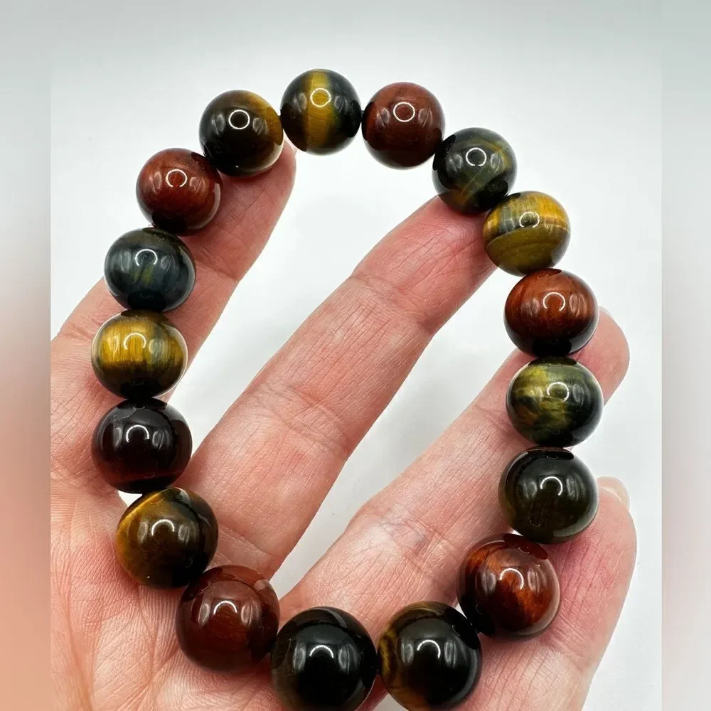 12mm red, black, blue, and yellow tigers eye stone stretchy bracelet!